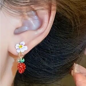 Strawberry Earrings With Flowers Enameled Minimalist Dainty Small